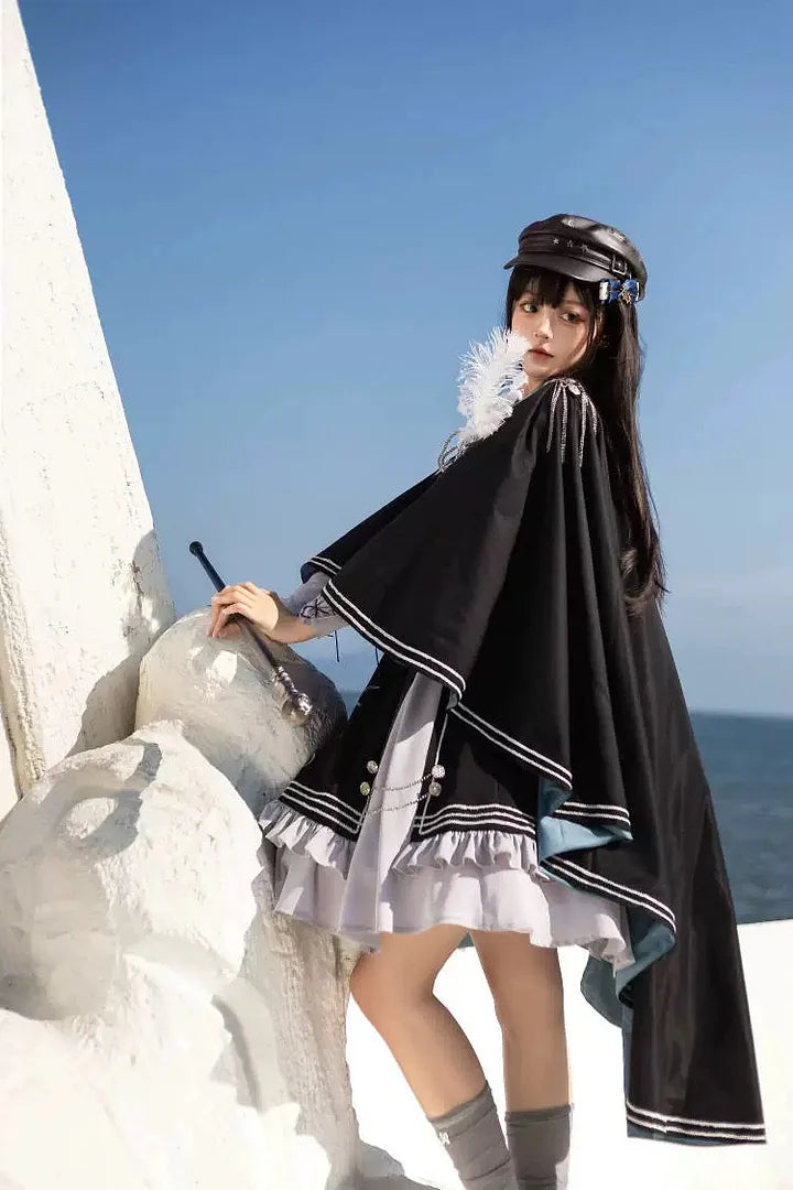 [Pre] Dark Knight Military Lolita Dress Cloak Set Black Long Sleeve Dress