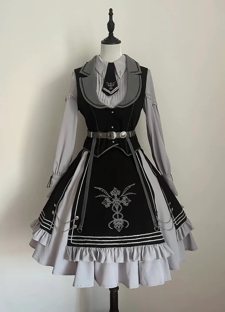 [Pre] Dark Knight Military Lolita Dress Cloak Set Black Long Sleeve Dress