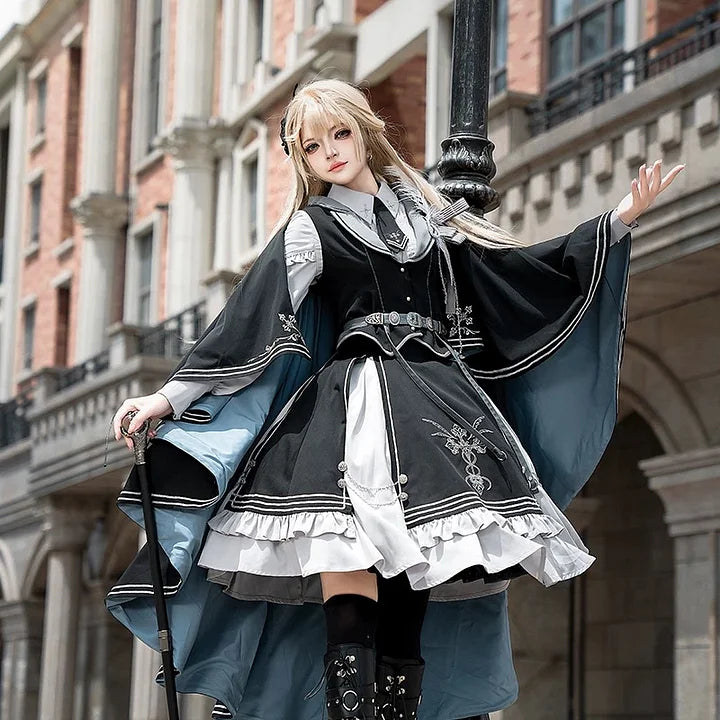 [Pre] Dark Knight Military Lolita Dress Cloak Set Black Long Sleeve Dress