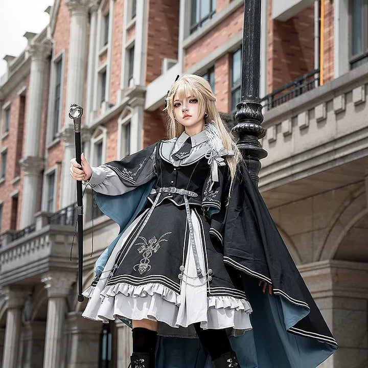[Pre] Dark Knight Military Lolita Dress Cloak Set Black Long Sleeve Dress