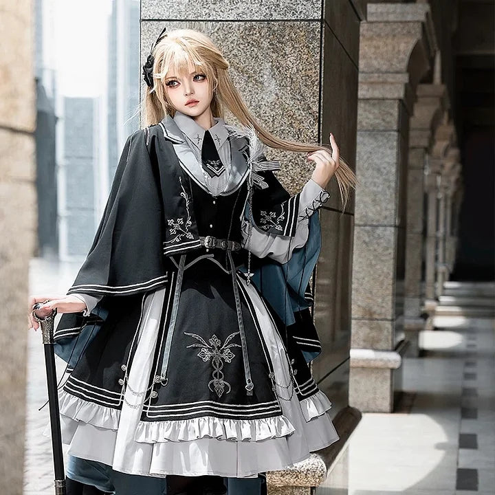 [Pre] Dark Knight Military Lolita Dress Cloak Set Black Long Sleeve Dress