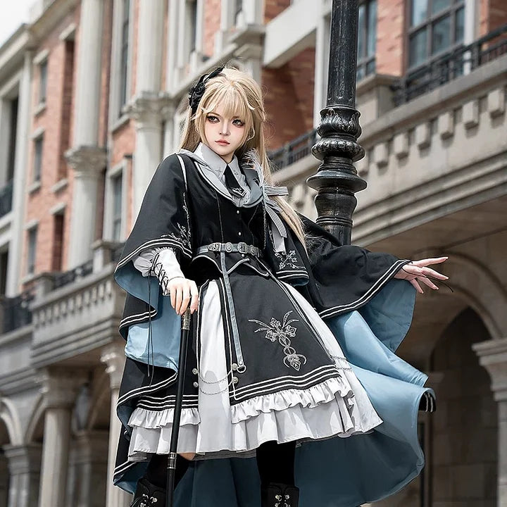 [Pre] Dark Knight Military Lolita Dress Cloak Set Black Long Sleeve Dress