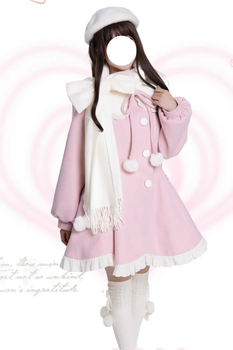 "Winter Candy Dream"&nbsp;— Inspired by the soft glow of sugar-spun sunsets and the delicate beauty of frost-kissed blossoms, this coat wraps the wearer in a confectionery fantasy. Blending the warmth of winter tailoring with the whimsy of Lolita romance, it evokes the joy of a princess wandering through a garden dusted with first snow. The dual-tone palette of pink and apricot mirrors the sweetness of candied fruits and marshmallow clouds, while cascading ruffles and bows add a touch of dreamlike elegance.