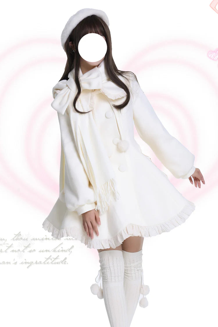 "Winter Candy Dream"&nbsp;— Inspired by the soft glow of sugar-spun sunsets and the delicate beauty of frost-kissed blossoms, this coat wraps the wearer in a confectionery fantasy. Blending the warmth of winter tailoring with the whimsy of Lolita romance, it evokes the joy of a princess wandering through a garden dusted with first snow. The dual-tone palette of pink and apricot mirrors the sweetness of candied fruits and marshmallow clouds, while cascading ruffles and bows add a touch of dreamlike elegance.