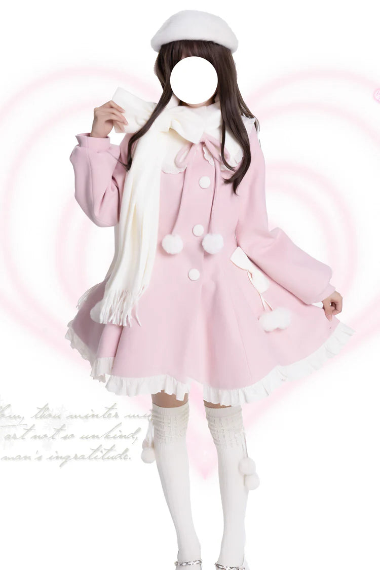 "Winter Candy Dream"&nbsp;— Inspired by the soft glow of sugar-spun sunsets and the delicate beauty of frost-kissed blossoms, this coat wraps the wearer in a confectionery fantasy. Blending the warmth of winter tailoring with the whimsy of Lolita romance, it evokes the joy of a princess wandering through a garden dusted with first snow. The dual-tone palette of pink and apricot mirrors the sweetness of candied fruits and marshmallow clouds, while cascading ruffles and bows add a touch of dreamlike elegance.
