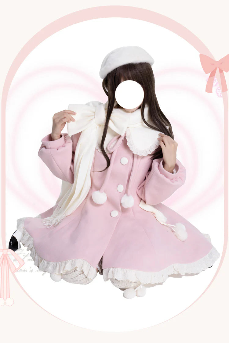 "Winter Candy Dream"&nbsp;— Inspired by the soft glow of sugar-spun sunsets and the delicate beauty of frost-kissed blossoms, this coat wraps the wearer in a confectionery fantasy. Blending the warmth of winter tailoring with the whimsy of Lolita romance, it evokes the joy of a princess wandering through a garden dusted with first snow. The dual-tone palette of pink and apricot mirrors the sweetness of candied fruits and marshmallow clouds, while cascading ruffles and bows add a touch of dreamlike elegance.