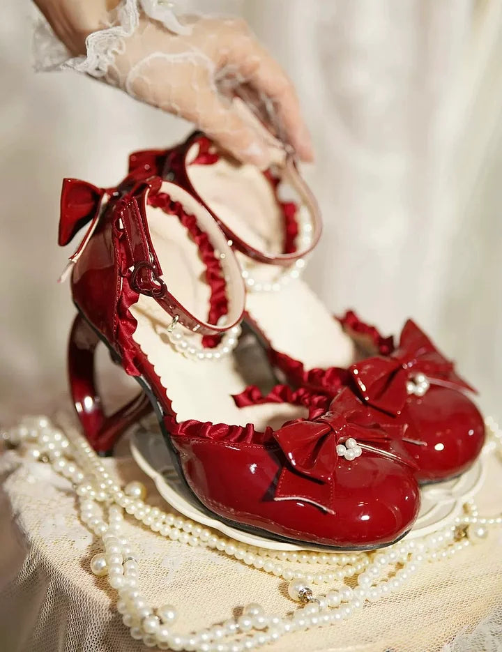 [Pre] Lolita Shoes Red Pink Spring and Summer Black Pearl Princess Stiletto Sandals Heels