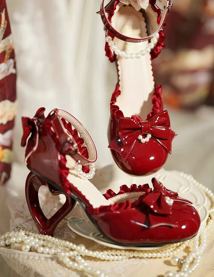 [Pre] Lolita Shoes Red Pink Spring and Summer Black Pearl Princess Stiletto Sandals Heels