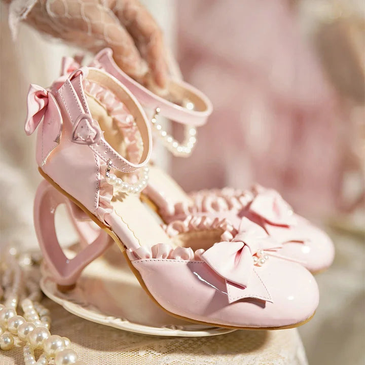[Pre] Lolita Shoes Red Pink Spring and Summer Black Pearl Princess Stiletto Sandals Heels
