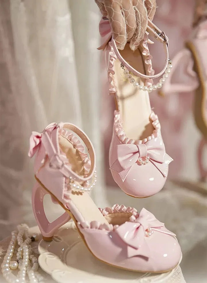 [Pre] Lolita Shoes Red Pink Spring and Summer Black Pearl Princess Stiletto Sandals Heels