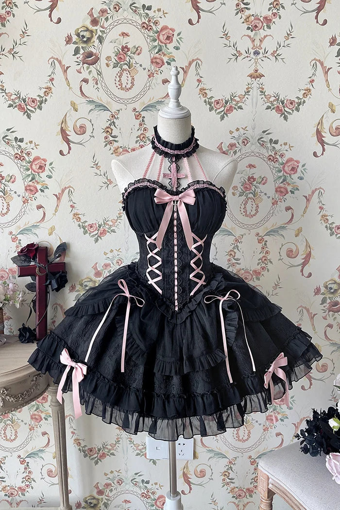 [Pre]Sweet Ballet Style Dance Dress Cross Cute Lolita Hanging Neck Short Dress