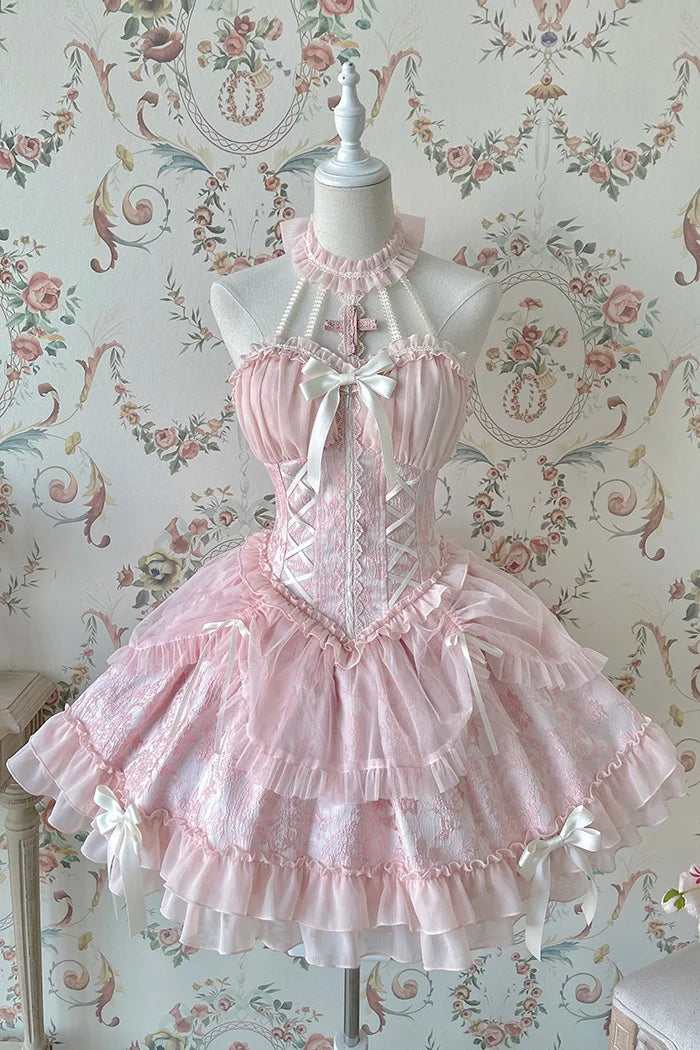 [Pre]Sweet Ballet Style Dance Dress Cross Cute Lolita Hanging Neck Short Dress