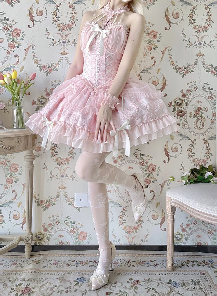 [Pre]Sweet Ballet Style Dance Dress Cross Cute Lolita Hanging Neck Short Dress