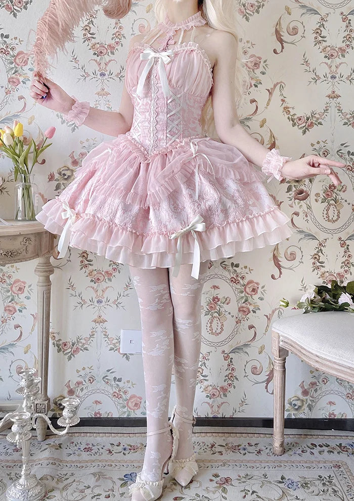 [Pre]Sweet Ballet Style Dance Dress Cross Cute Lolita Hanging Neck Short Dress