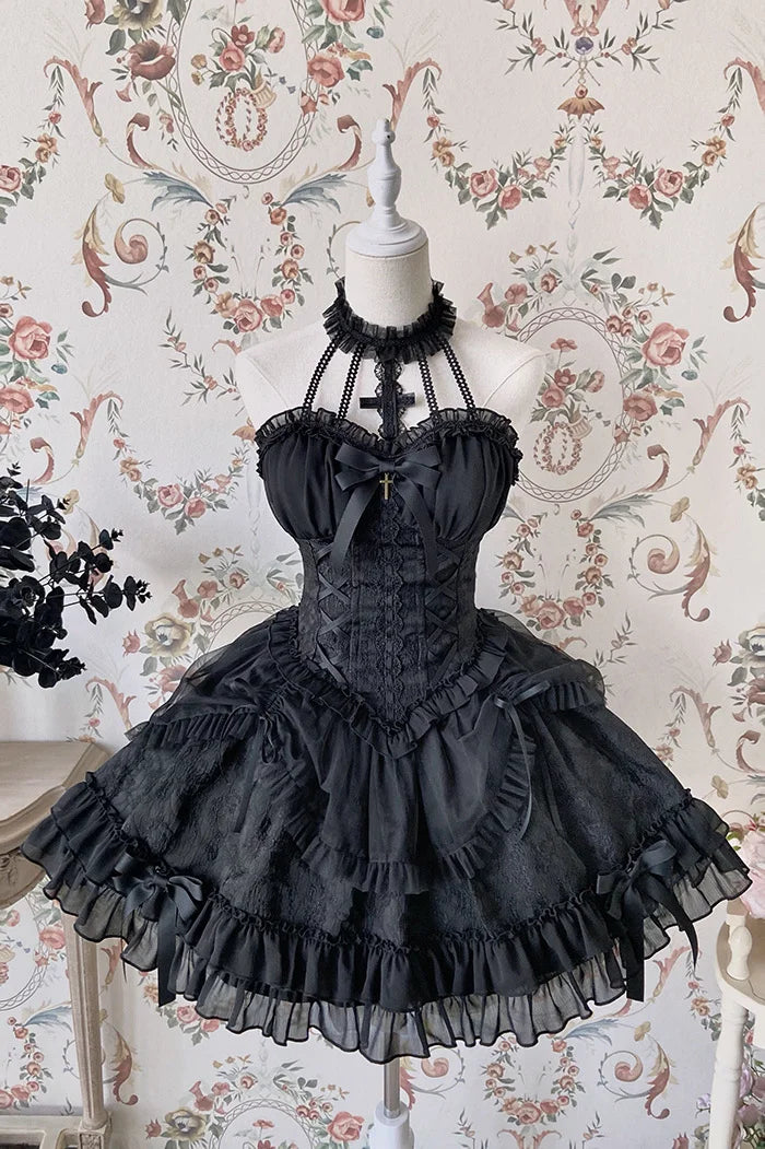 [Pre]Sweet Ballet Style Dance Dress Cross Cute Lolita Hanging Neck Short Dress