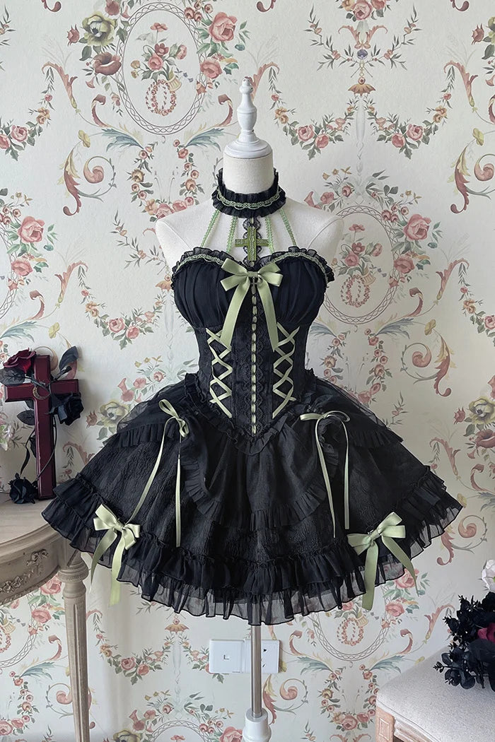 [Pre]Sweet Ballet Style Dance Dress Cross Cute Lolita Hanging Neck Short Dress