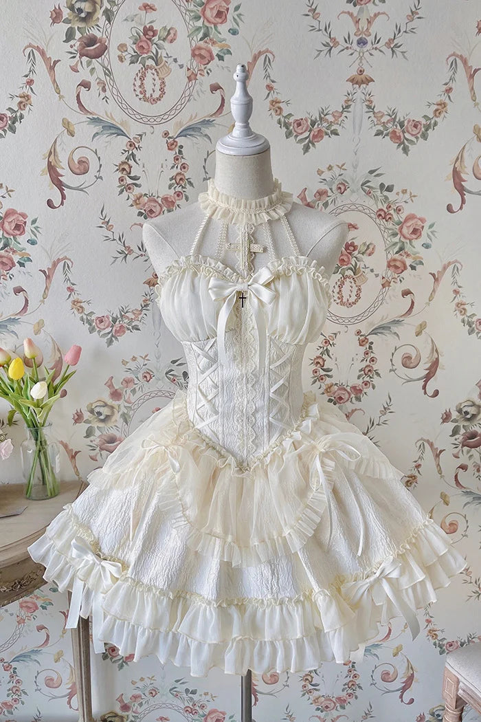 [Pre]Sweet Ballet Style Dance Dress Cross Cute Lolita Hanging Neck Short Dress