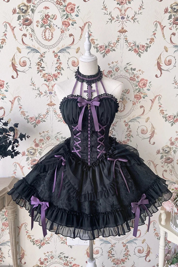 [Pre]Sweet Ballet Style Dance Dress Cross Cute Lolita Hanging Neck Short Dress