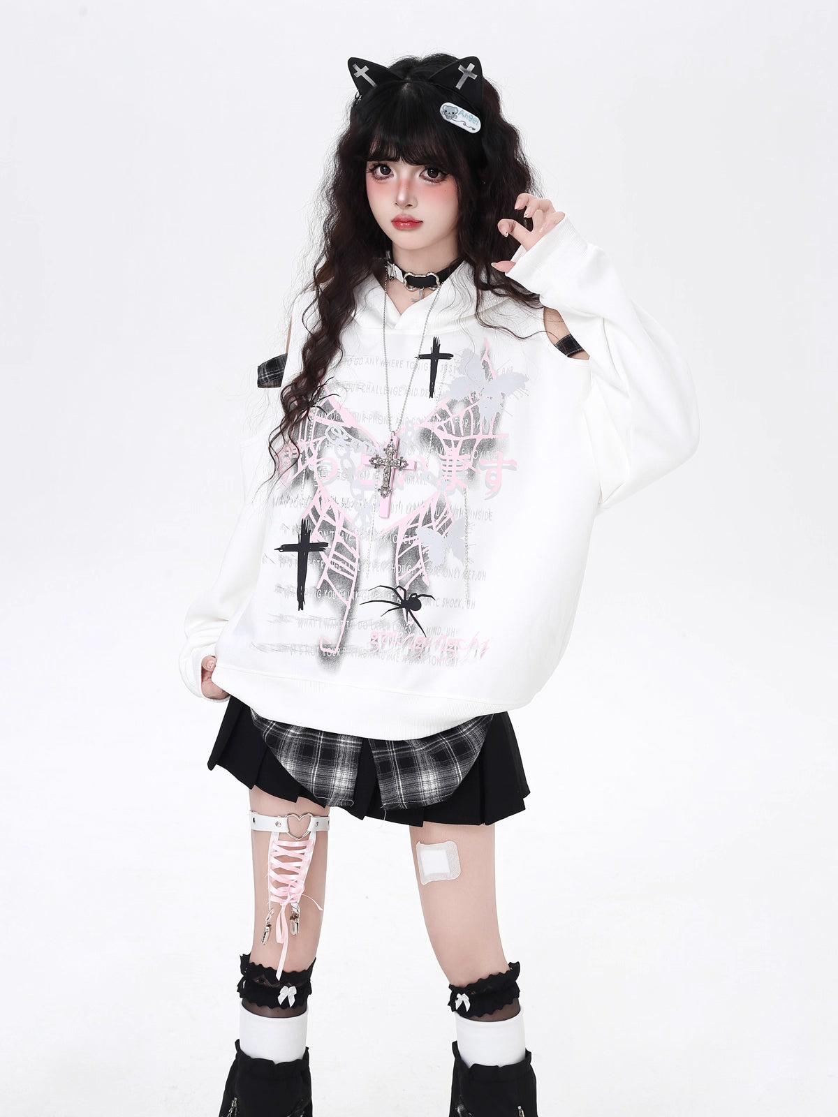 Design Concept:

This Lolita-inspired hoodie combines playful charm with casual comfort. Crafted in black and white, the design features an off-shoulder neckline and a patchwork plaid two-layer hem, giving the sweatshirt a layered, visually appealing look. Its loose fit ensures comfort for daily wear, while the subtle Sweet Cool aesthetic adds a touch of youthful elegance. Perfect for autumn outings, casual streetwear, or cozy indoor occasions, this piece pairs effortlessly with skirts, jeans, or layered ou