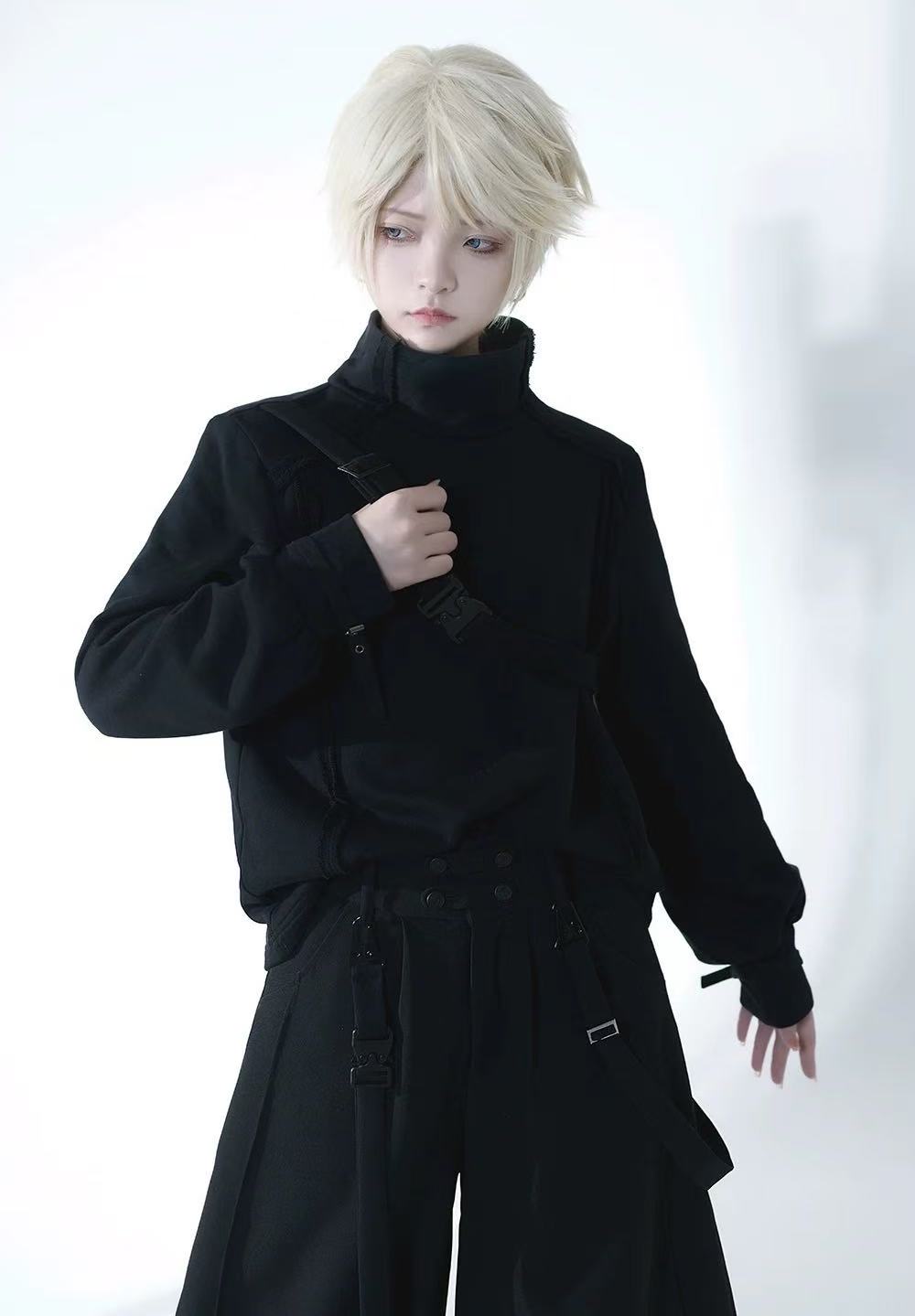 Design Concept:
This unisex Lolita-style black sweatshirt blends dark aesthetics with a modern cool flair. Featuring a sleek stand collar and a relaxed silhouette, it delivers both comfort and edge. The minimalist design is accented with subtle stylish details, making it versatile for casual wear, street fashion, or Ouji-inspired coordinates. Crafted for all seasons, this piece is ideal for layering or wearing as a statement top in everyday outfits.