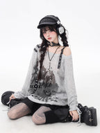 [Pre]Lolita Blouses Light Gray Black Off-Shoulder Graffiti Drawstring Loose Fit Long Sleeve Autumn Casual Top