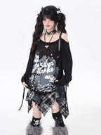 [Pre]Lolita Blouses Light Gray Black Off-Shoulder Graffiti Drawstring Loose Fit Long Sleeve Autumn Casual Top
