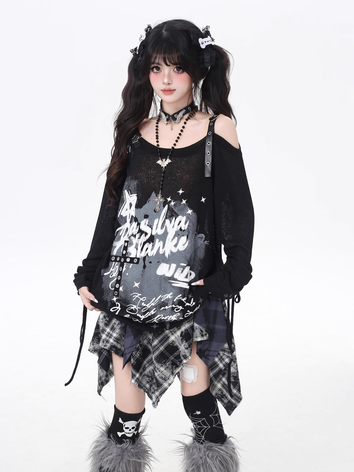 [Pre]Lolita Blouses Light Gray Black Off-Shoulder Graffiti Drawstring Loose Fit Long Sleeve Autumn Casual Top