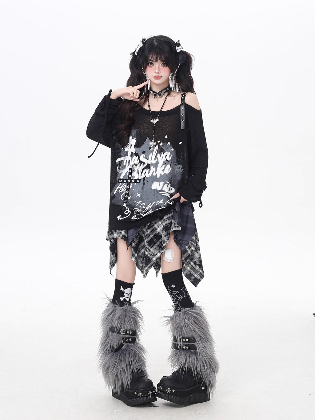 [Pre]Lolita Blouses Light Gray Black Off-Shoulder Graffiti Drawstring Loose Fit Long Sleeve Autumn Casual Top