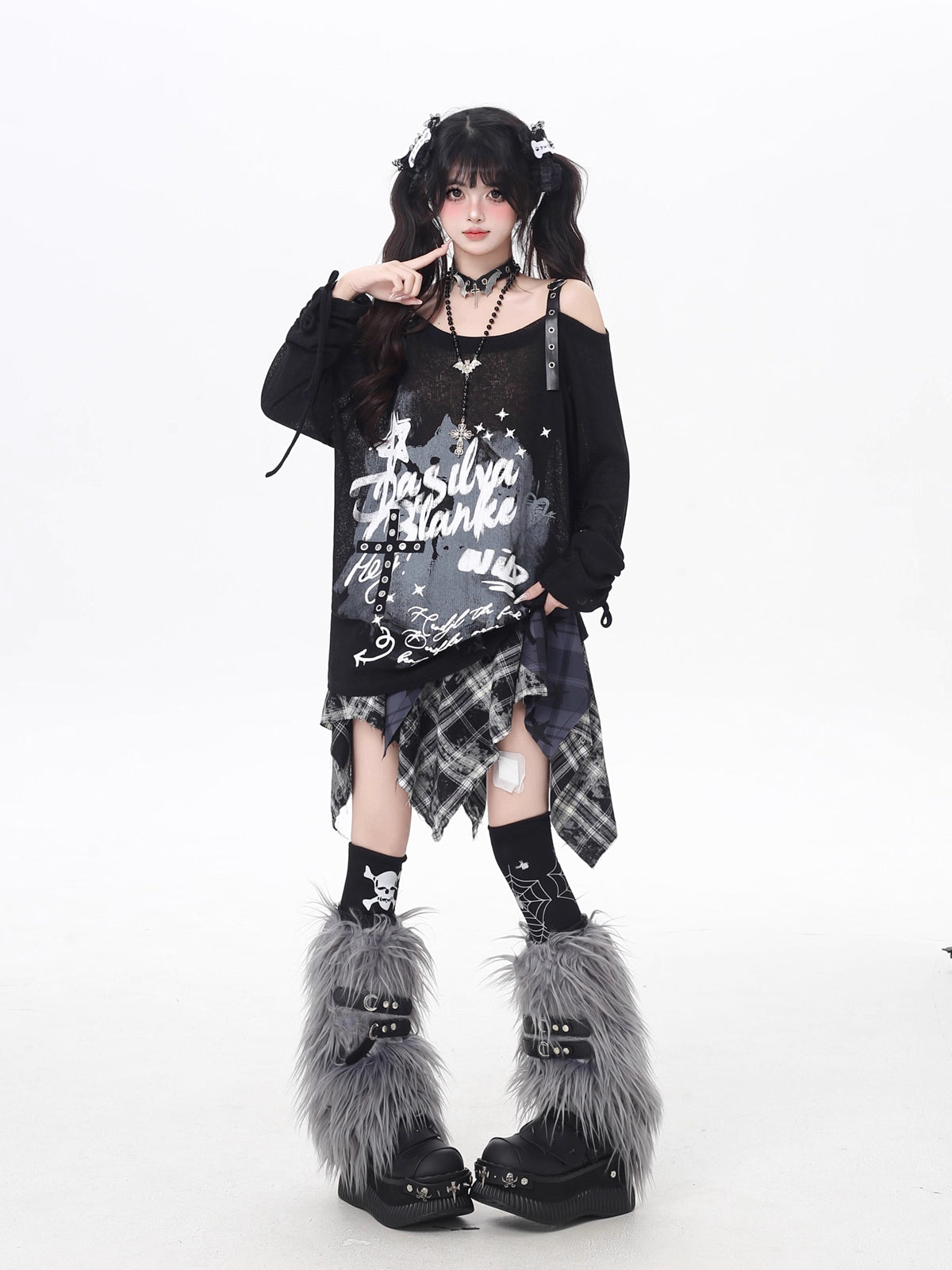 [Pre]Lolita Blouses Light Gray Black Off-Shoulder Graffiti Drawstring Loose Fit Long Sleeve Autumn Casual Top