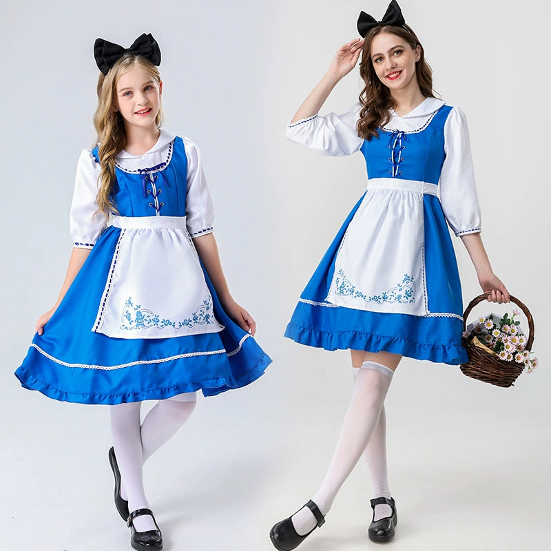 This blue farm-style Lolita dress combines rustic charm with playful elegance, inspired by peasant and Oktoberfest outfits. The outfit features a flowing dress with apron accents, creating a classic countryside aesthetic. Perfectly suited for tea parties, casual outings, or themed events, the dress evokes a whimsical and cheerful vibe. The set is a pre-sale product, giving customers the chance to secure this charming look ahead of the season.
