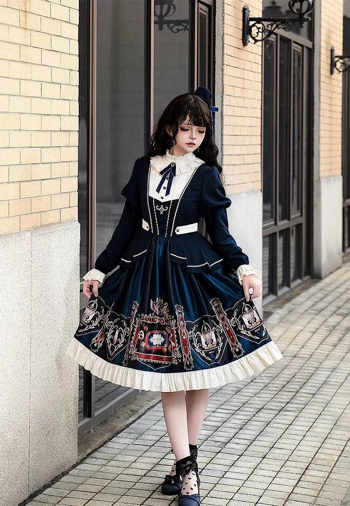 Preppy Style Long Sleeves Lolita Dress OP Vintage Classic Long dress in Fall