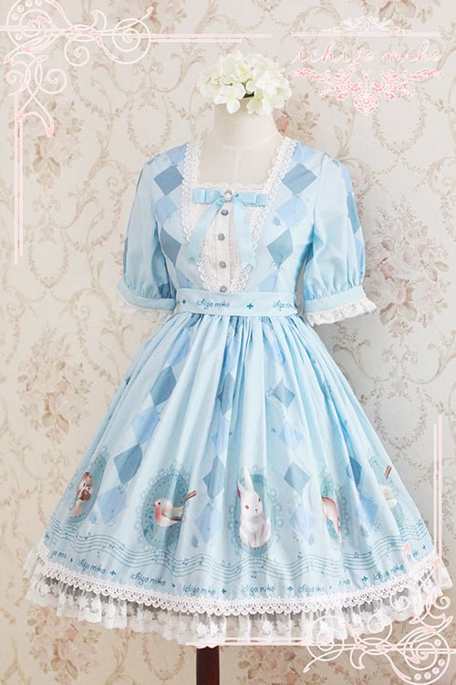 Printed Bunny Jacquard Short Sleeve Lolita OP Dress Blue