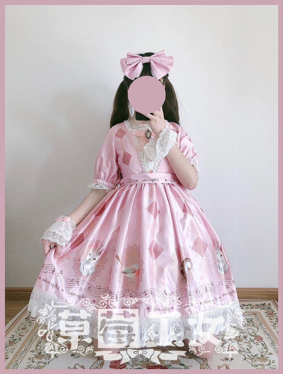 Printed Bunny Jacquard Short Sleeve Lolita OP Dress Blue