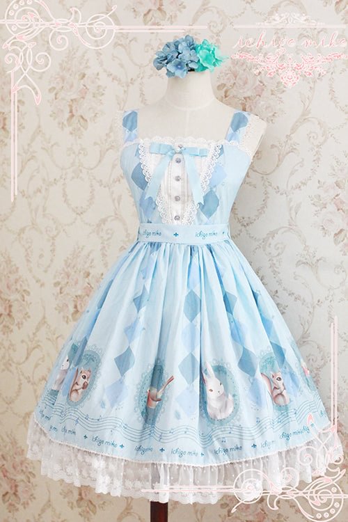 Printed Bunny Jacquard Short Sleeve Lolita OP Dress Blue