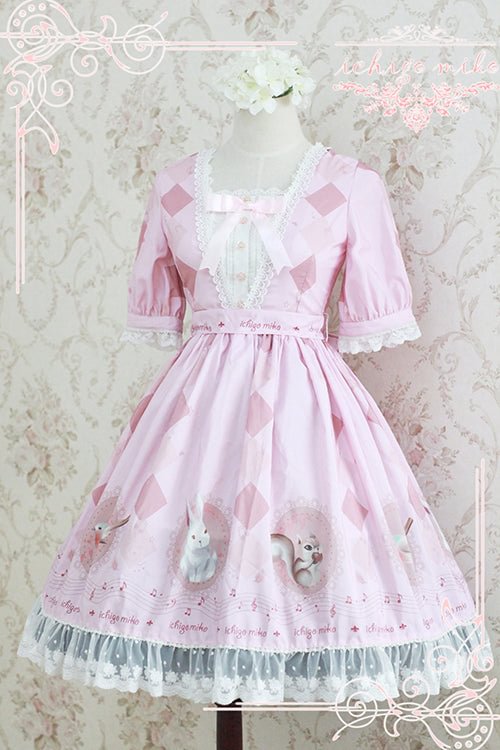 Printed Bunny Jacquard Short Sleeve Lolita OP Dress Blue