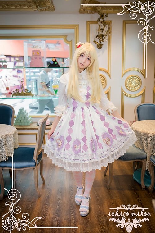 Printed Bunny Jacquard Short Sleeve Lolita OP Dress Blue