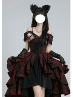 Prom Gothic Lolita Black and Red JSK Jacquard Rose Pattern Bow One-word Shoulder Fluffy Princess