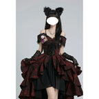 Prom Gothic Lolita Black and Red JSK Jacquard Rose Pattern Bow One-word Shoulder Fluffy Princess