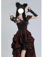 Prom Gothic Lolita Black and Red JSK Jacquard Rose Pattern Bow One-word Shoulder Fluffy Princess