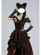 Prom Gothic Lolita Black and Red JSK Jacquard Rose Pattern Bow One-word Shoulder Fluffy Princess