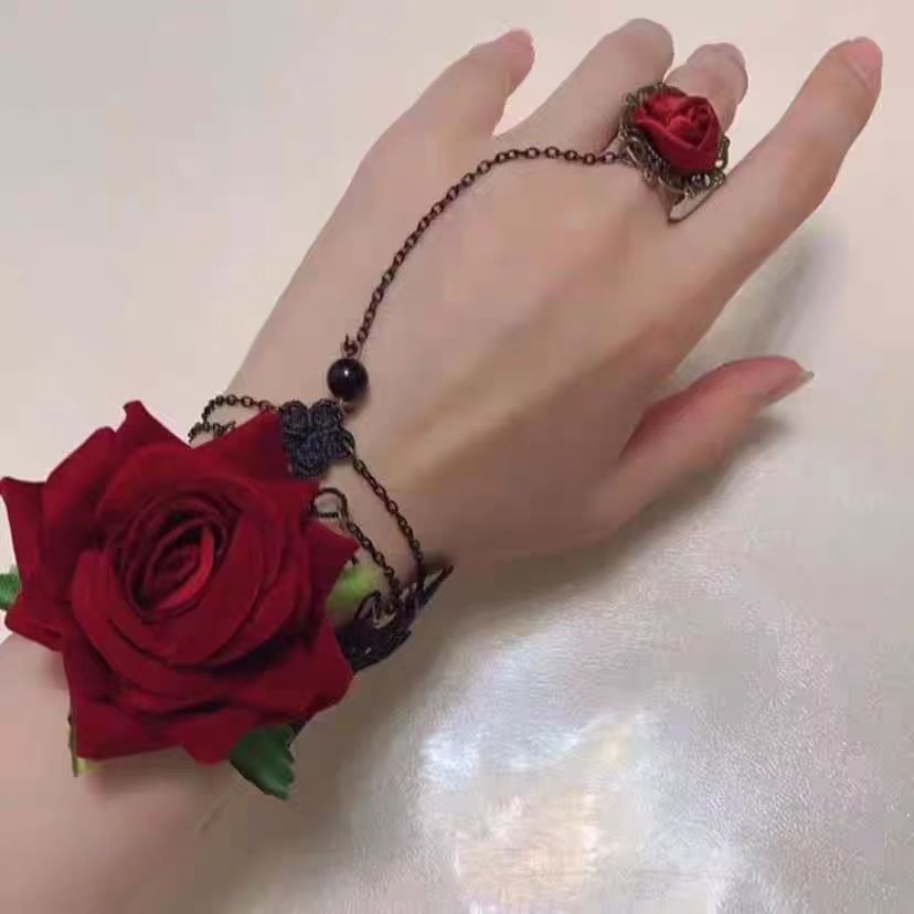 Punk Lace Cuff Vintage Gothic Lolita Bracelet Halloween Rose Skeleton Hand Chain