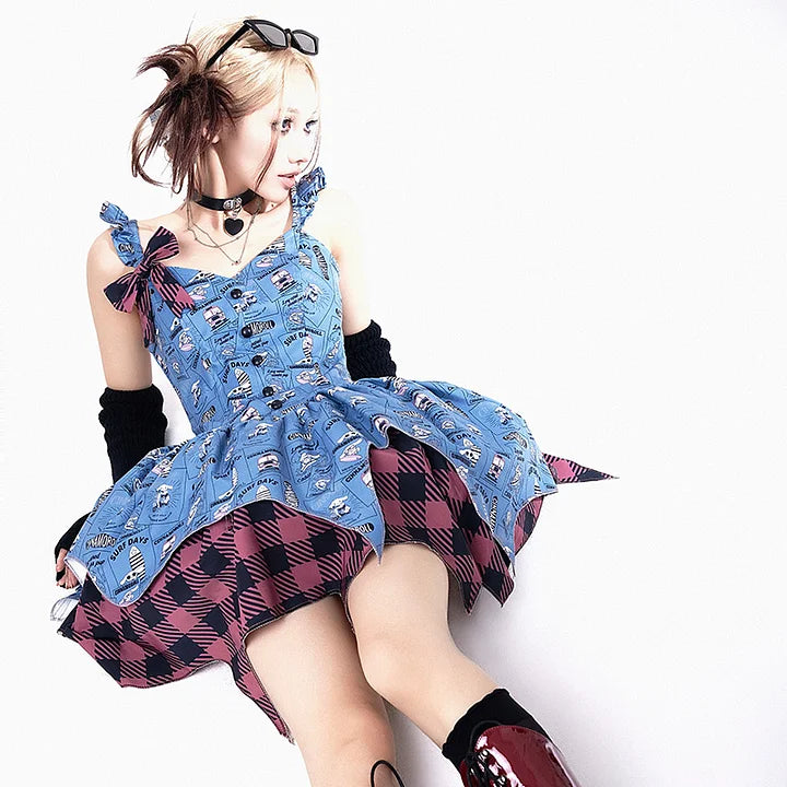 Punk Lolita Blue Printed Suspender Skirt Lolita Skirt Women's JSK Lolita Denim Skirt Lolita Dresses