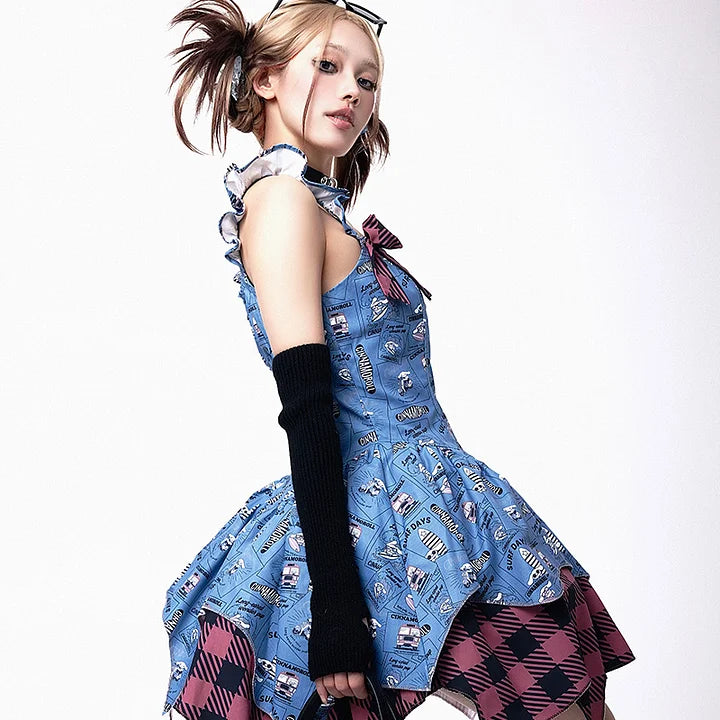 Punk Lolita Blue Printed Suspender Skirt Lolita Skirt Women's JSK Lolita Denim Skirt Lolita Dresses