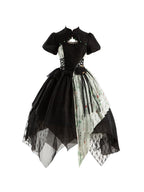 Qi Lolita Black Ink and White Splicing Irregular Print Dress Lolita Short-sleeved Dress