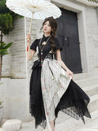 Qi Lolita Black Ink and White Splicing Irregular Print Dress Lolita Short-sleeved Dress