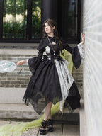 Qi Lolita Black Ink and White Splicing Irregular Print Dress Lolita Short-sleeved Dress