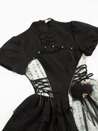 Qi Lolita Black Ink and White Splicing Irregular Print Dress Lolita Short-sleeved Dress