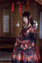 Qi Lolita Prom Dresses Fringe Lace Dress Red with Black Ruffle Hem Printed JSK