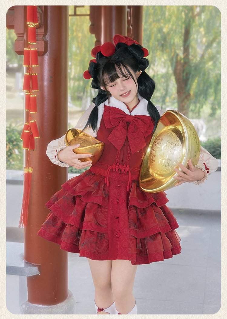 Qi Lolita Red Sweet Lolita Embroidered Shirt Vest Strap Skirt Bow Lolita Dress Winter New Year JSK