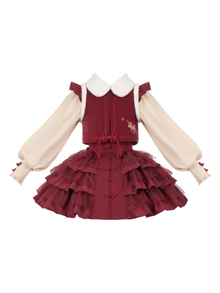 Qi Lolita Red Sweet Lolita Embroidered Shirt Vest Strap Skirt Bow Lolita Dress Winter New Year JSK